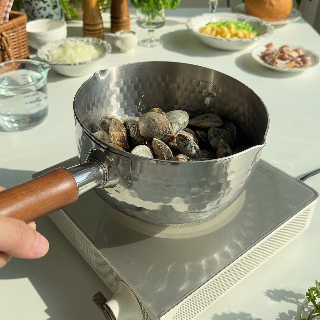 Fresh clams in a metal pot with cold water ready to be boiled.