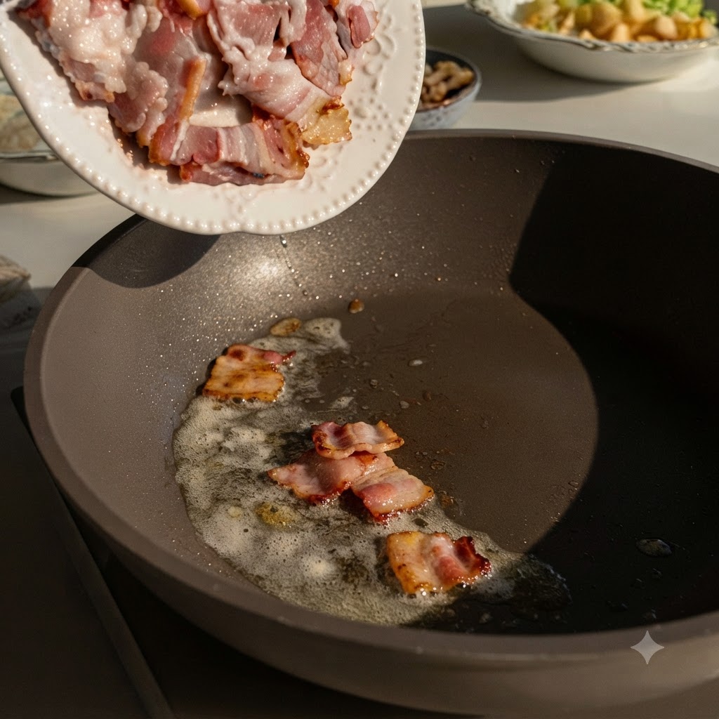 Crispy bacon strips and pieces sizzling in a hot pan, browning nicely.
