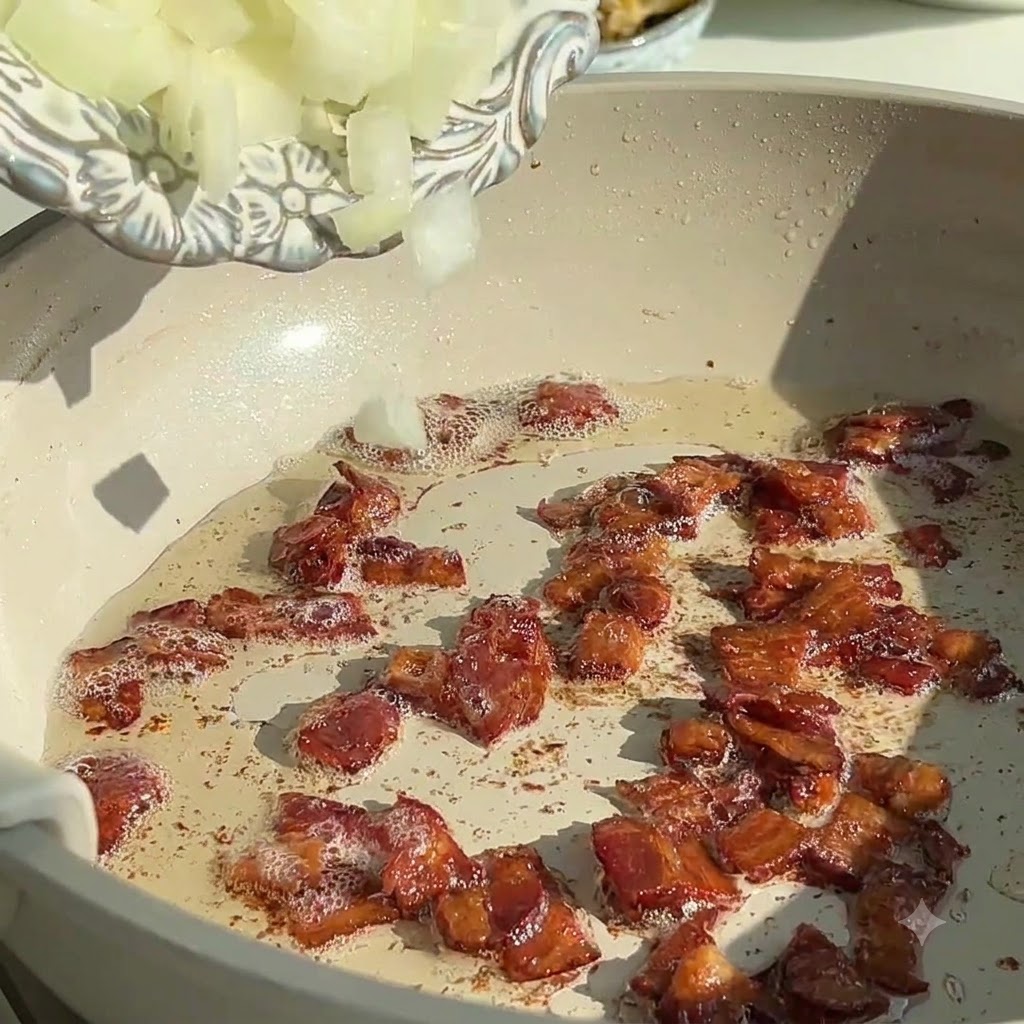 Freshly chopped onions being tipped from a white decorative plate into the pan containing sizzling bacon pieces.