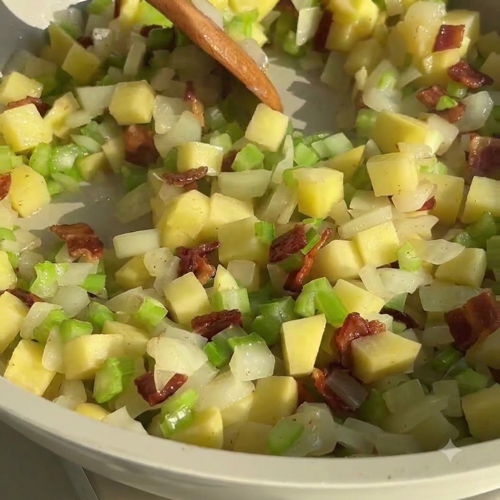 A wooden spoon stirring a mixture of diced potatoes, celery, onions, and bacon pieces in a pan.