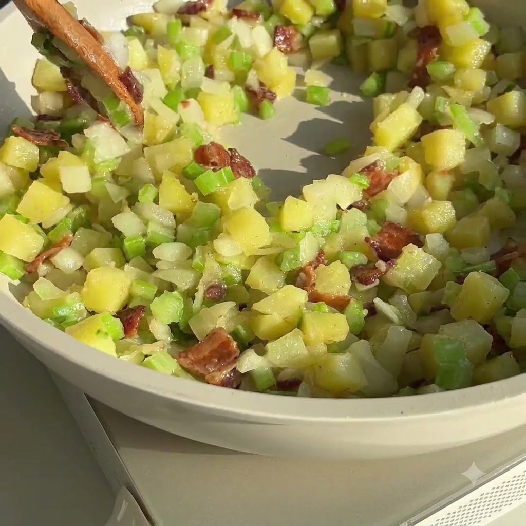 A wooden spoon mixing the vegetable, bacon, and flour mixture inside a light-colored pan.