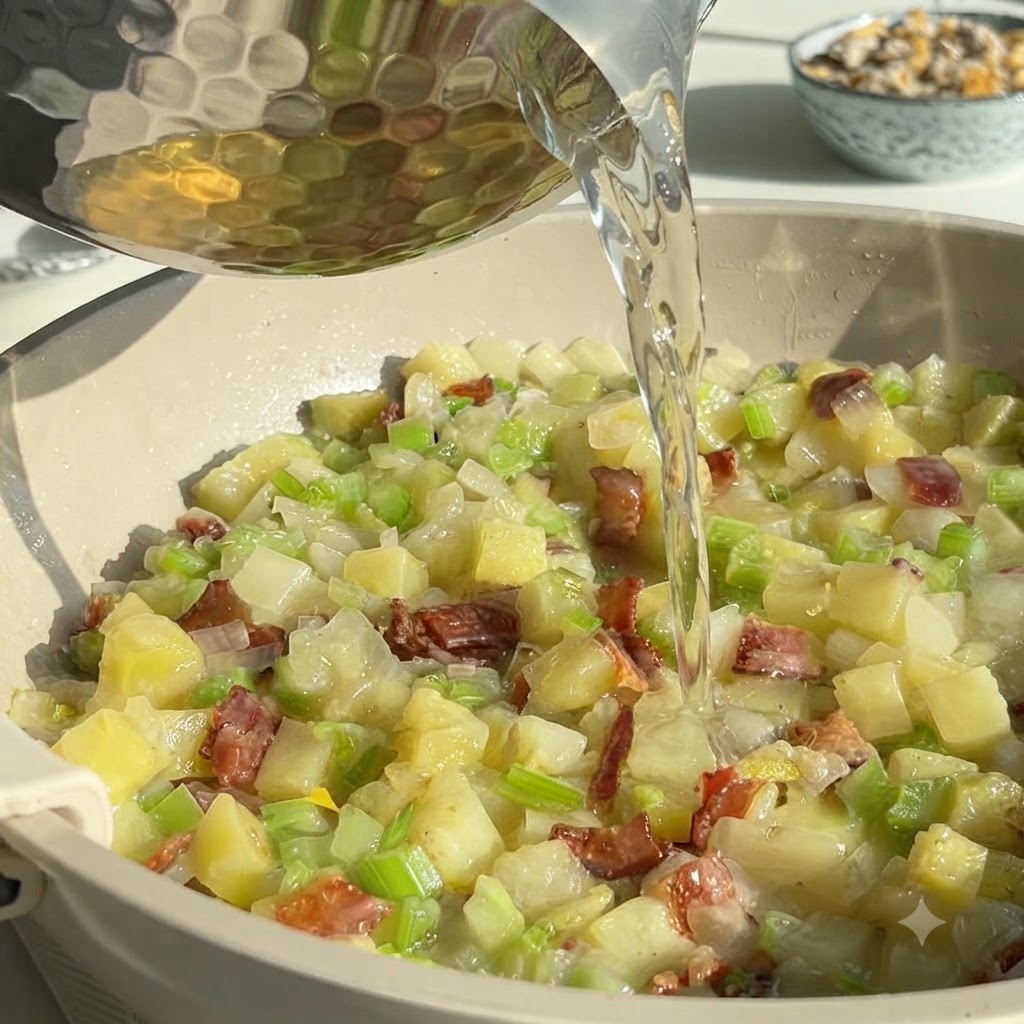 Clam broth being poured from a textured metal pot into the pan filled with sautéed vegetables and bacon.
