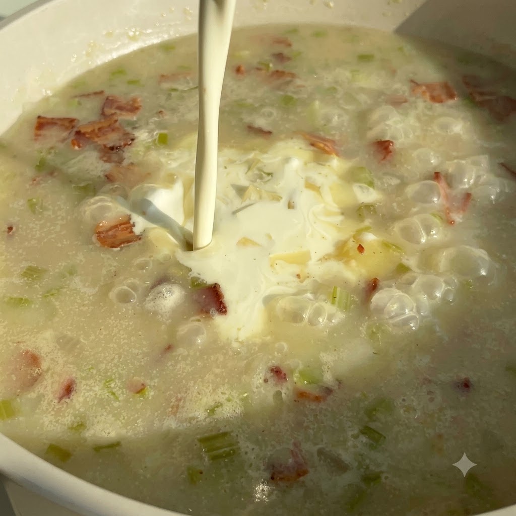 Fresh cream being poured into a bubbling pot of chowder soup containing bacon and vegetables.