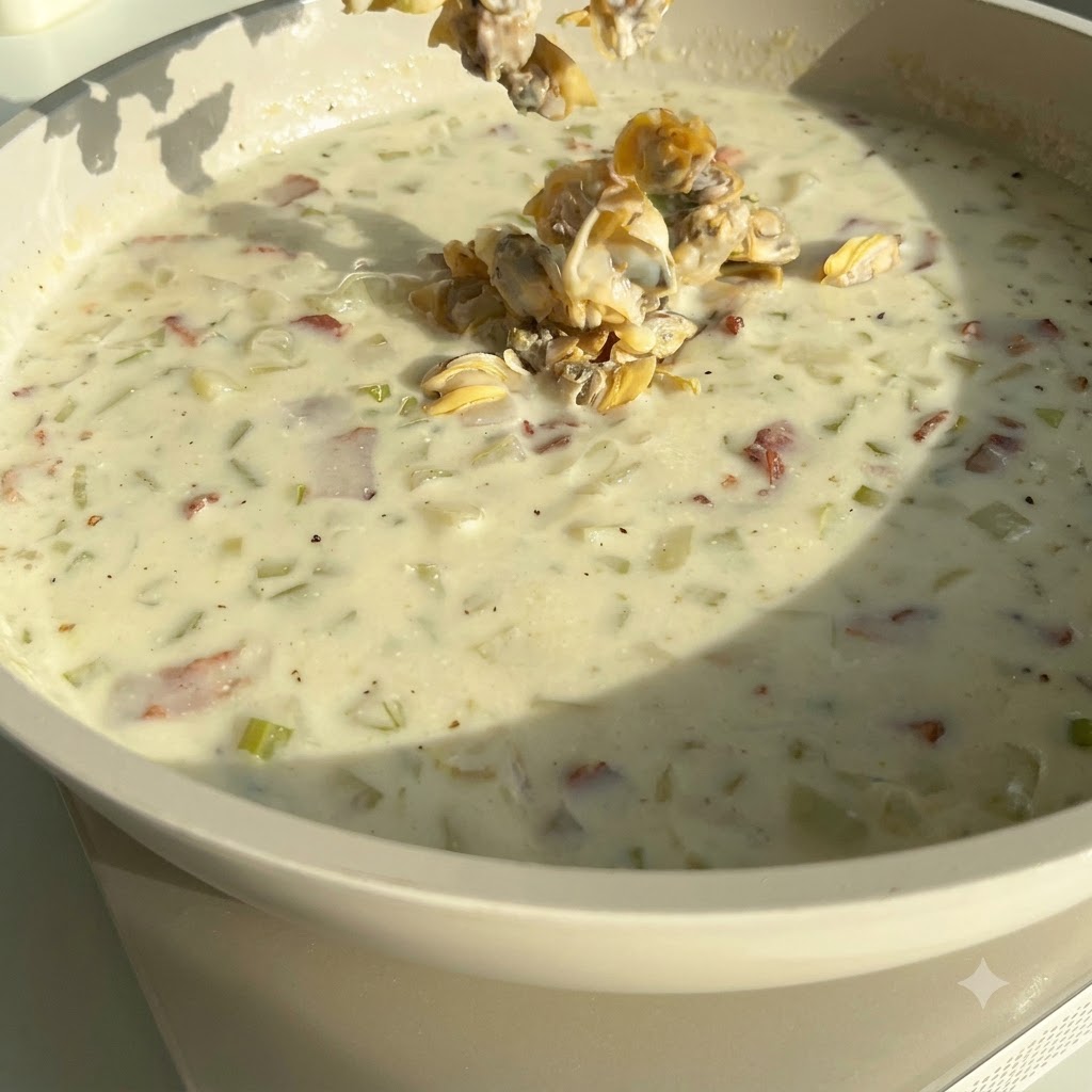 Shucked clam meat being dropped into a large pan of creamy white chowder.