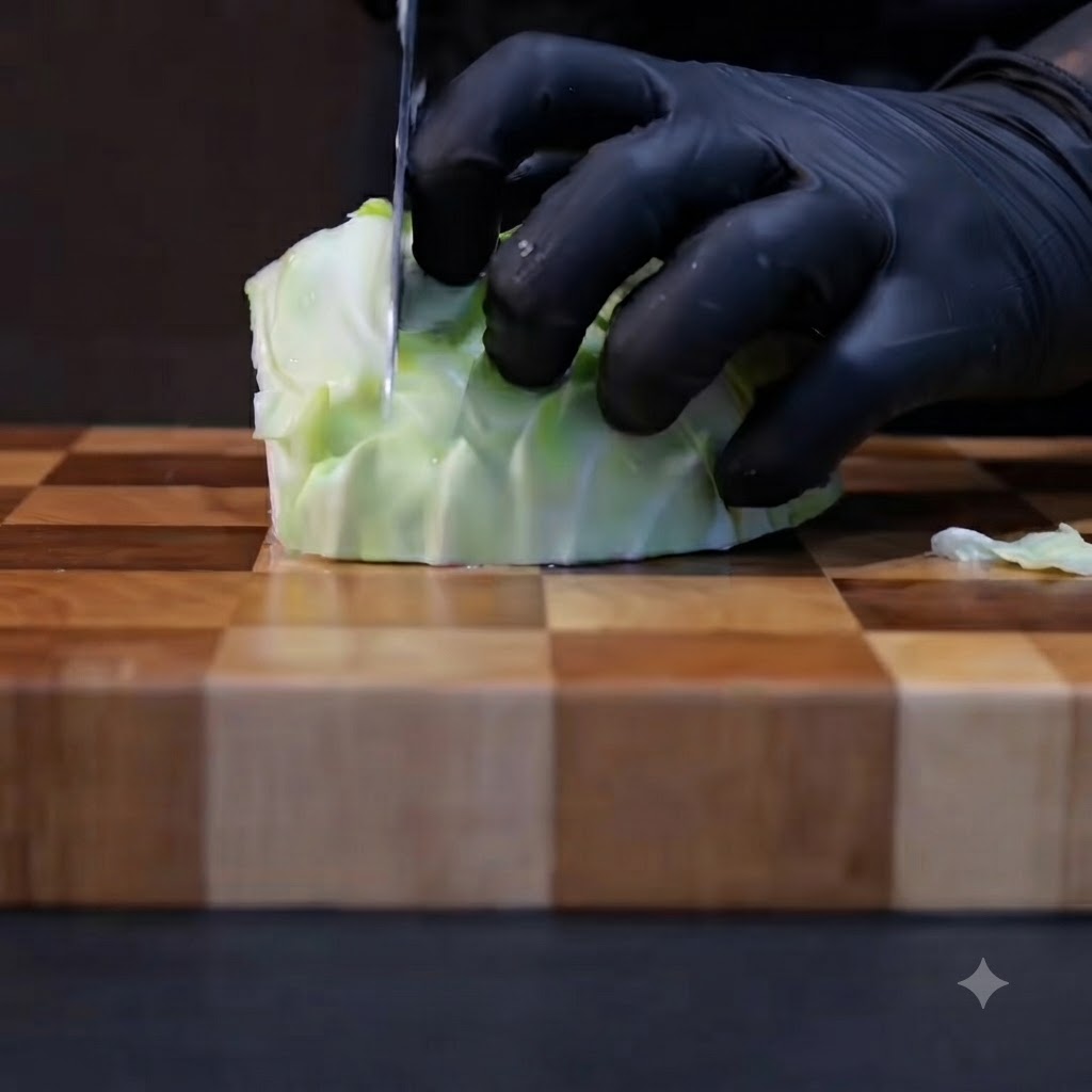 Gloved hands chopping green cabbage into chunks on a wooden cutting board with a sharp knife.