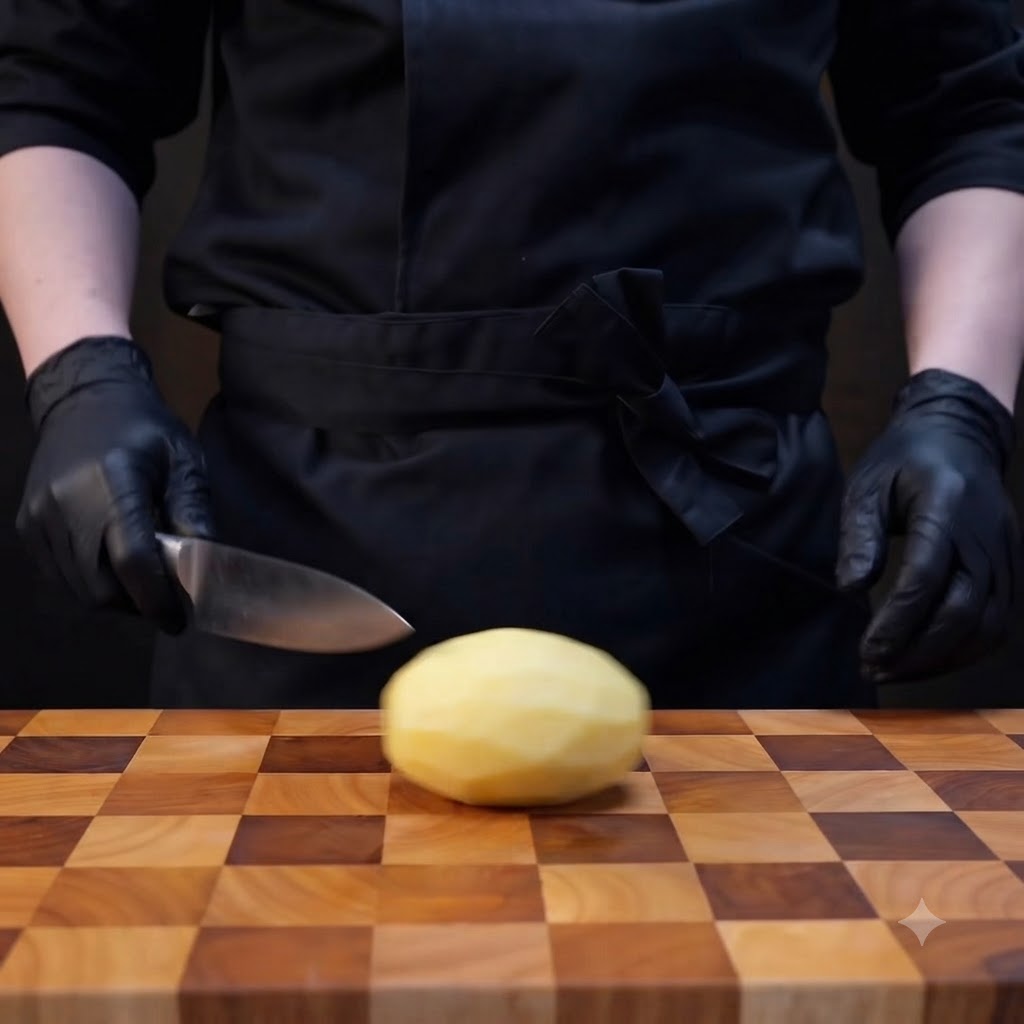 A peeled potato being diced into uniform cubes on a wooden cutting board using a chefs knife.