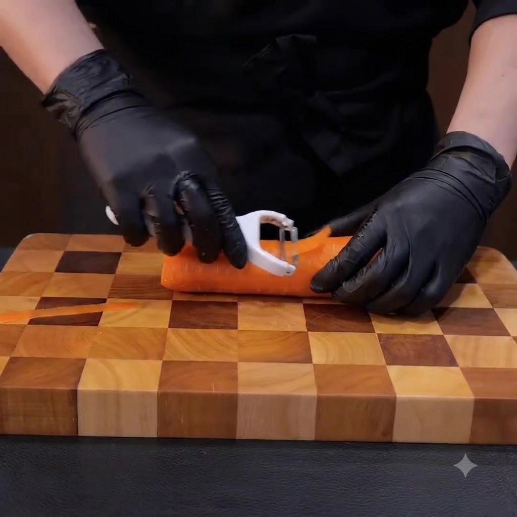 A fresh carrot being peeled cleanly with a white handheld vegetable peeler on a wooden cutting board.