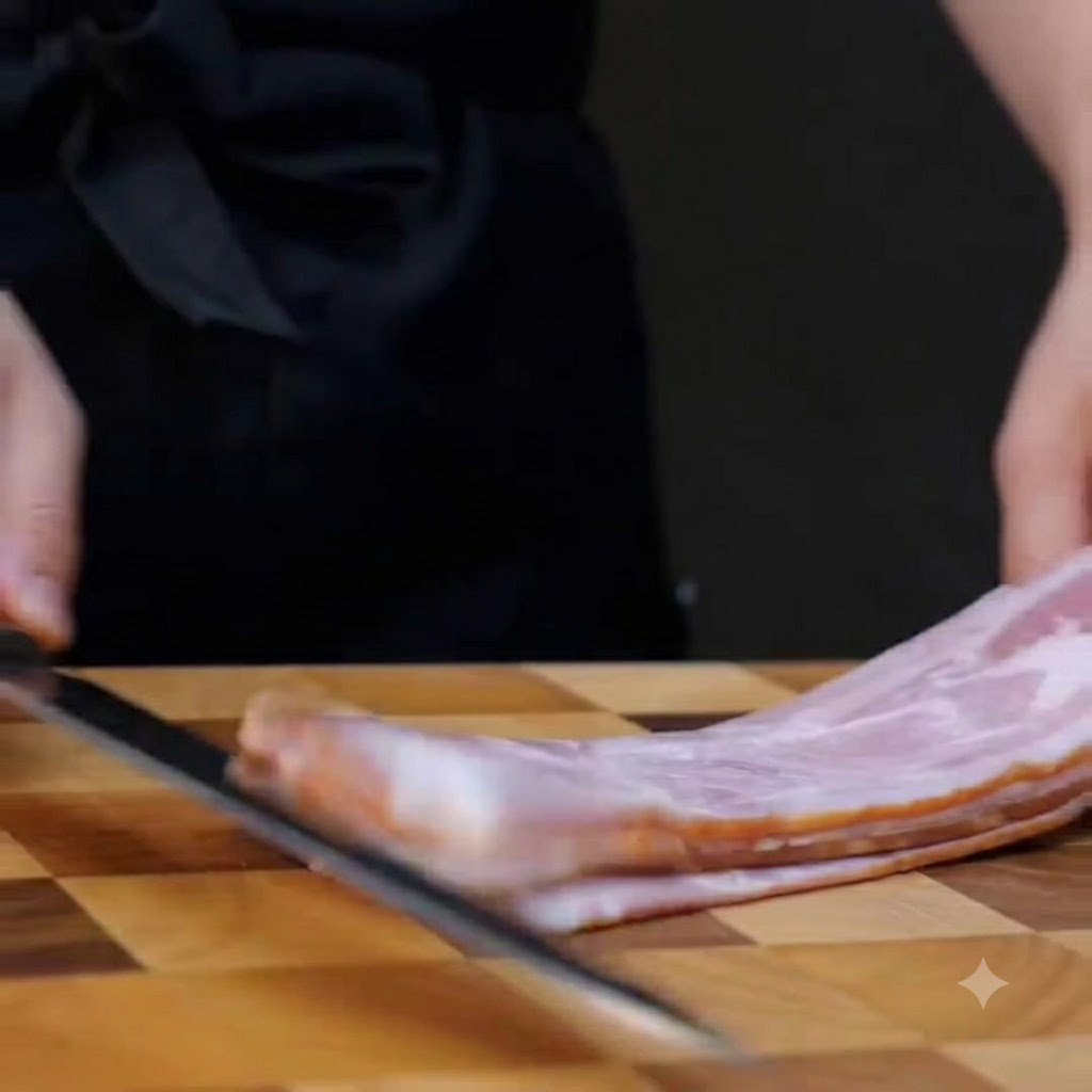 Stacked bacon strips being chopped into large rectangular pieces with a chefs knife on a wooden cutting board.