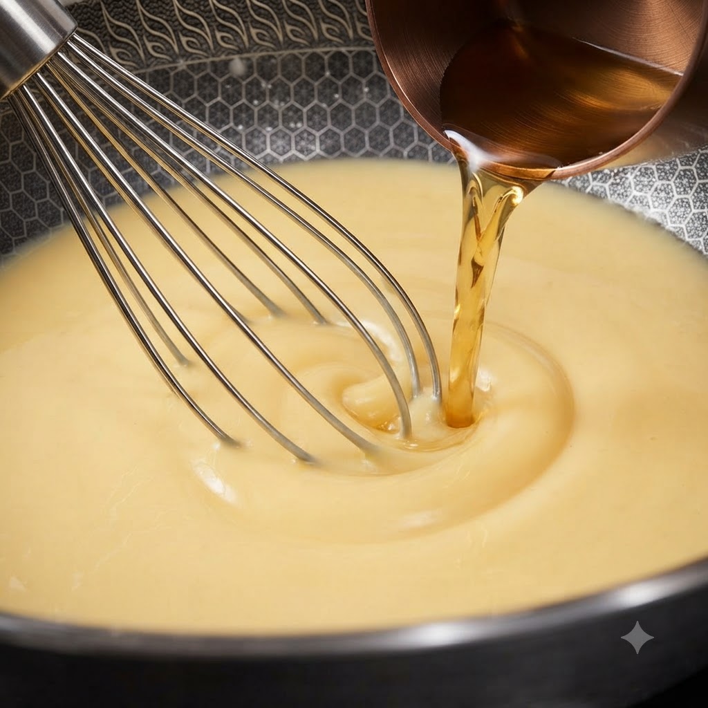 Liquid being poured into a pan with butter and flour, being whisked continuously.