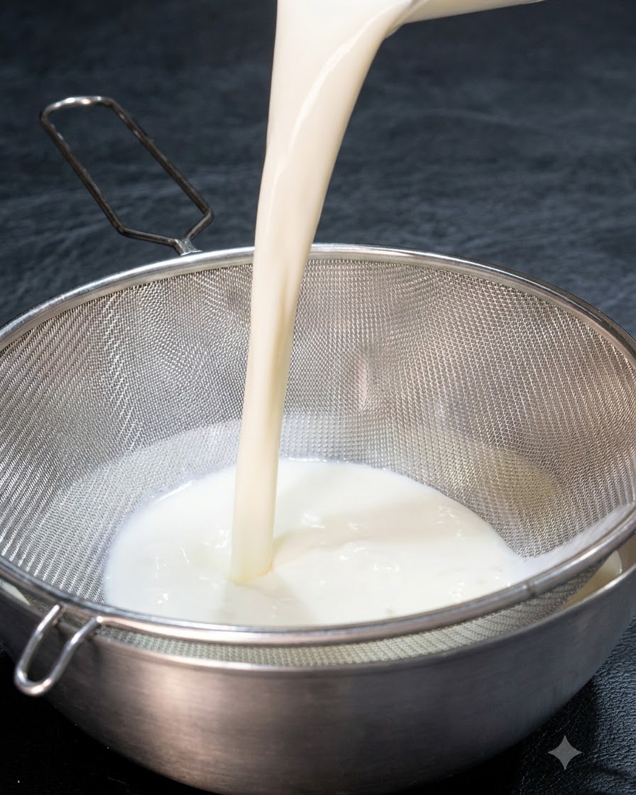 White creamy liquid being poured through a stainless steel fine-mesh strainer.