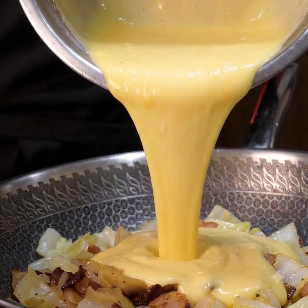 Thick creamy soup base being poured into a wok over cooked cabbage, bacon, and onions.