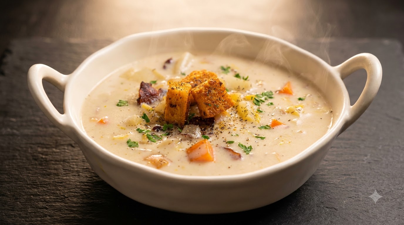 Creamy Homemade Clam Chowder with Bacon and Shrimp