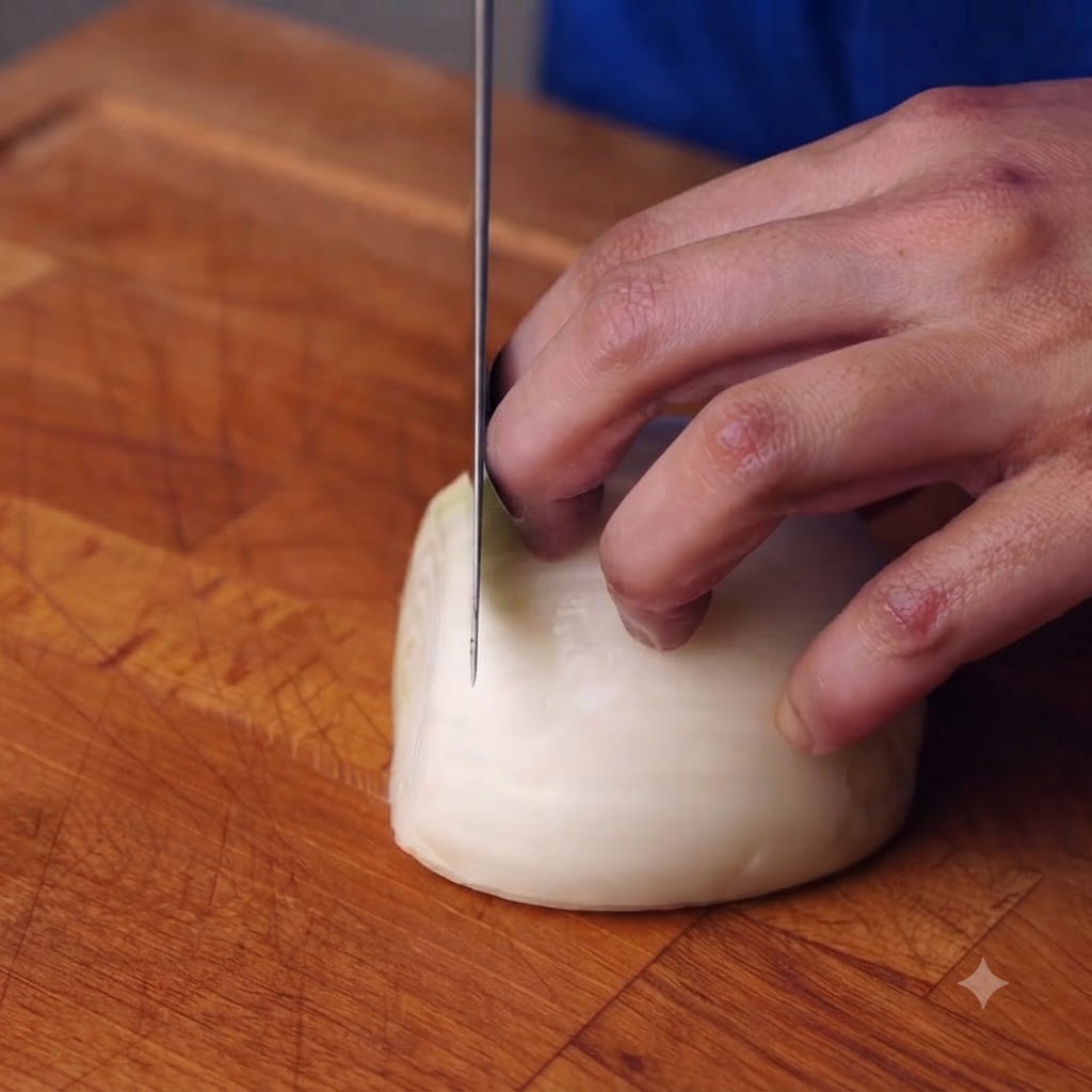 An onion being cut into pieces with a knife on a wooden cutting board.