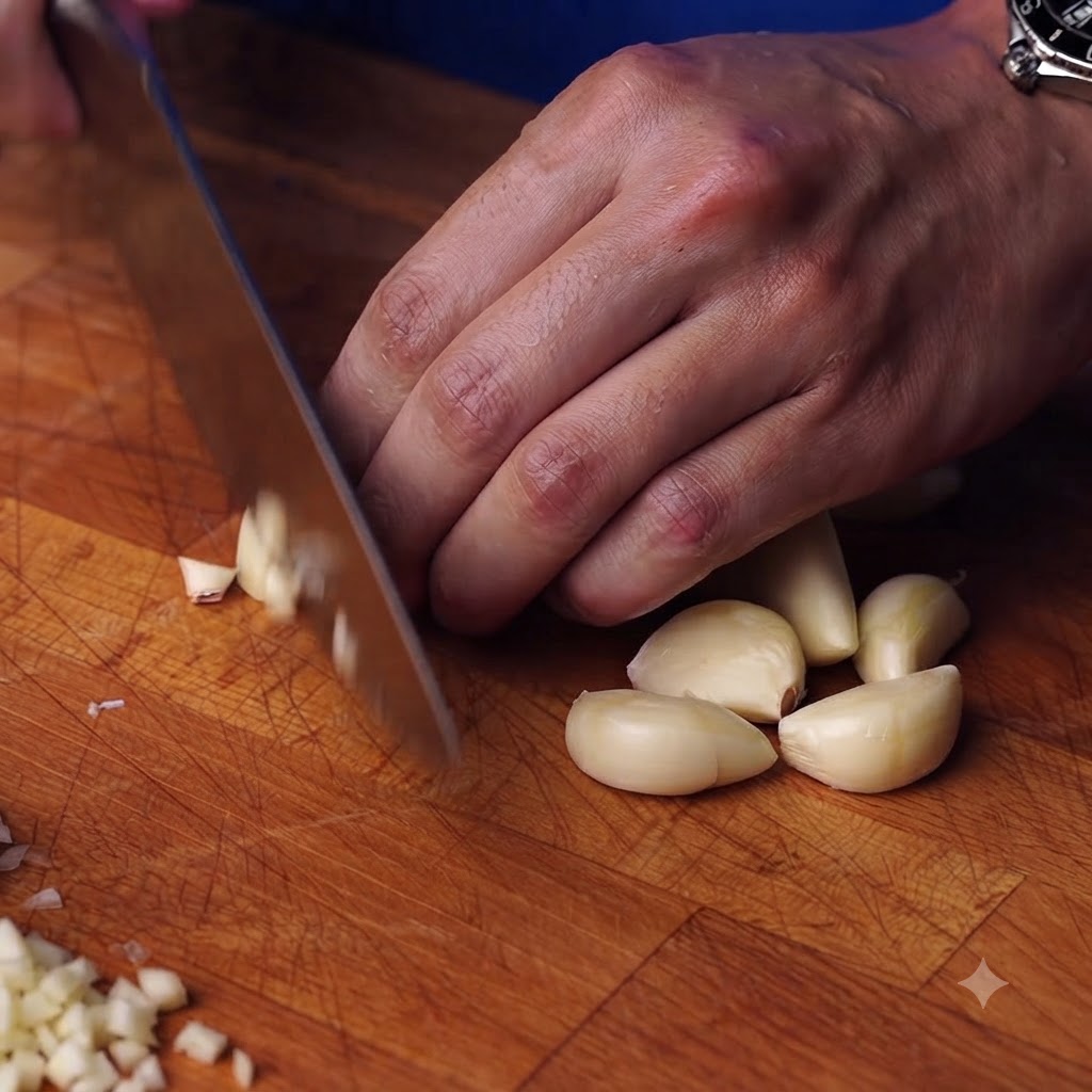 Garlic cloves and tomatoes being chopped on a wooden cutting board.