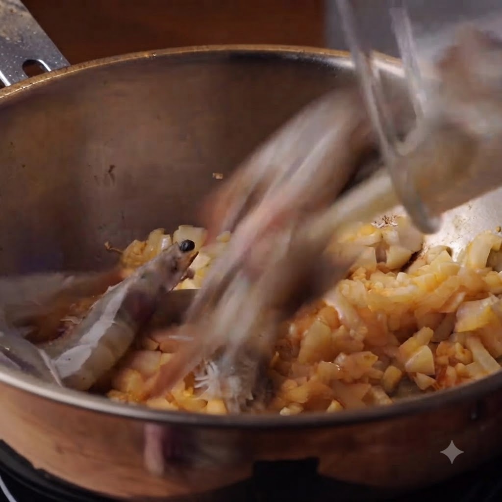 Fresh whole shrimp being poured into a pot containing sautéed onions and garlic.