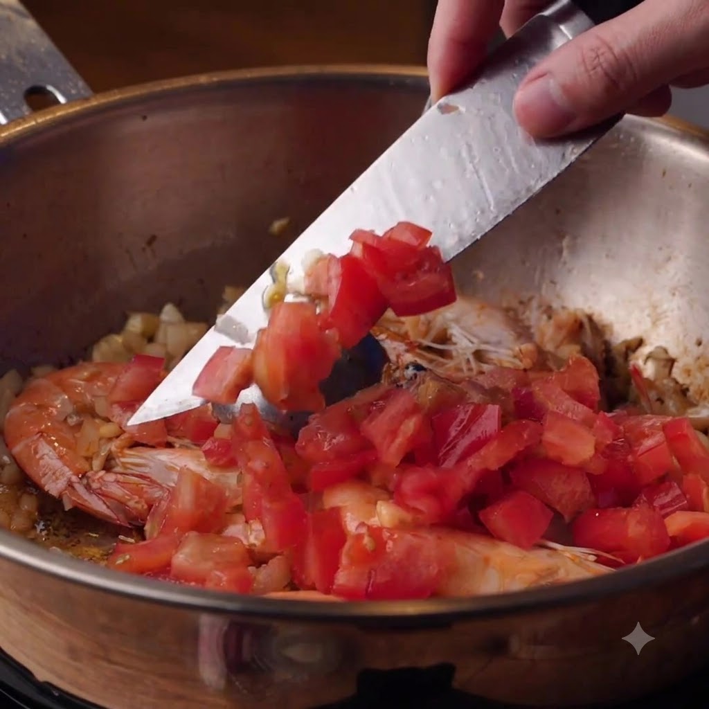 Chopped tomatoes being added to a pot with shrimp, onions, and garlic.