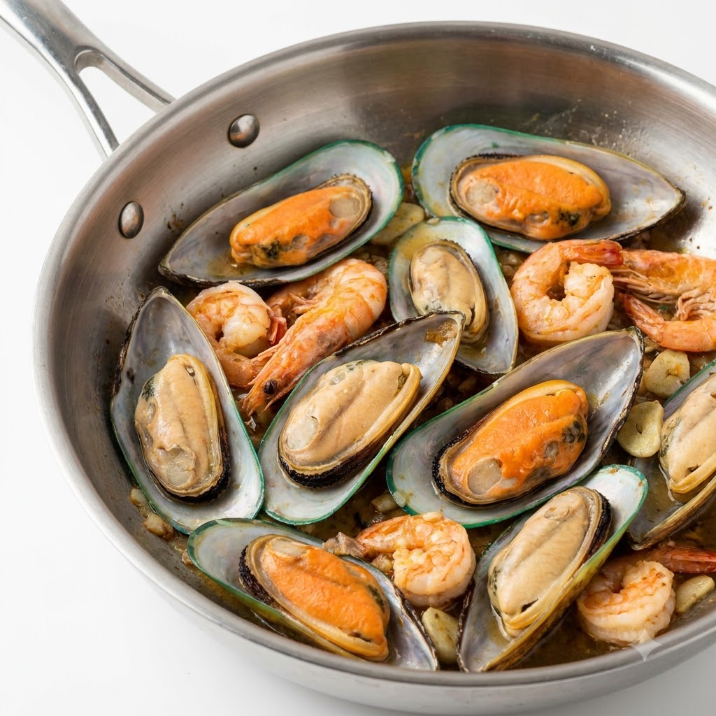 Frozen green-lipped mussels arranged in a stainless steel pan along with shrimp and garlic.