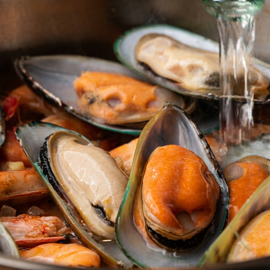 Dry white wine being poured from a bottle into a pot containing mussels and shrimp.