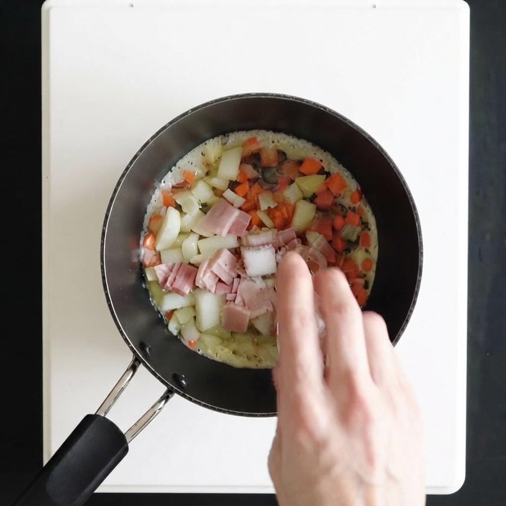 A hand seasoning diced carrots, onions, and bacon cooking in a saucepan.