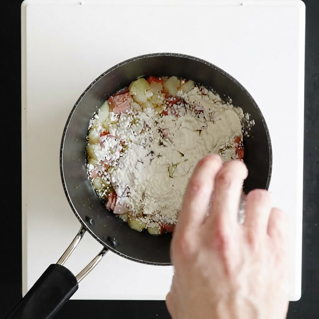 A hand stirring white flour into a saucepan filled with cooked vegetables and bacon.