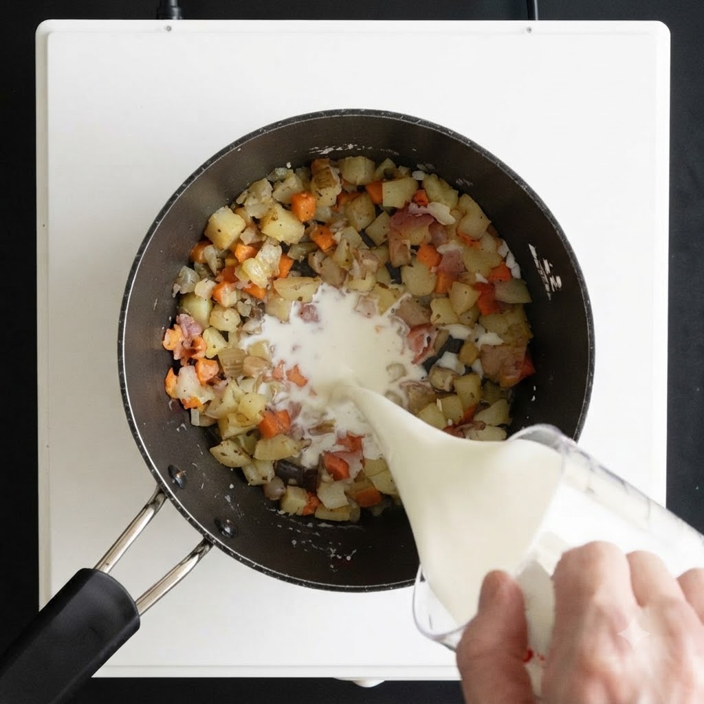 Milk being poured from a glass measuring cup into a saucepan of cooked vegetables.