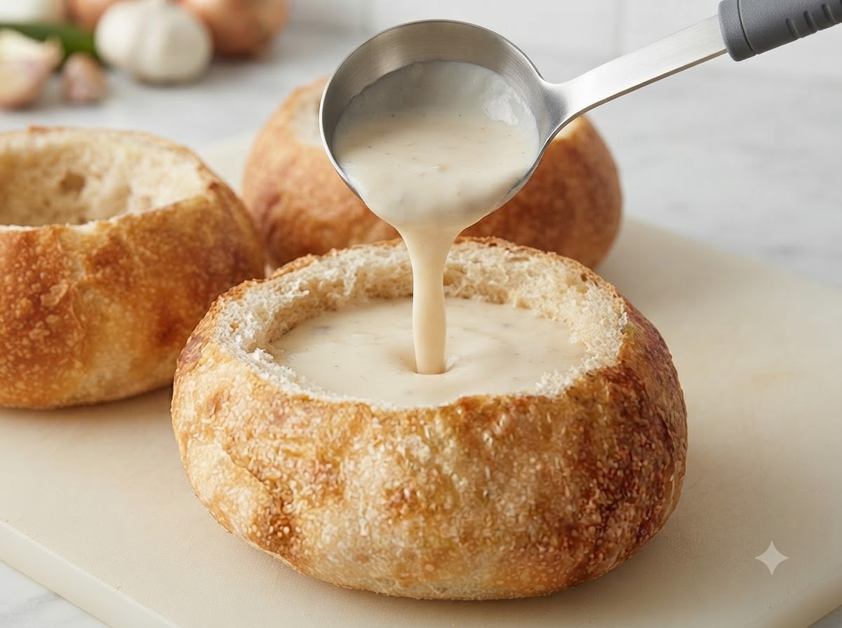 A ladle pouring creamy soup into the center of a hollowed-out round bread bowl.