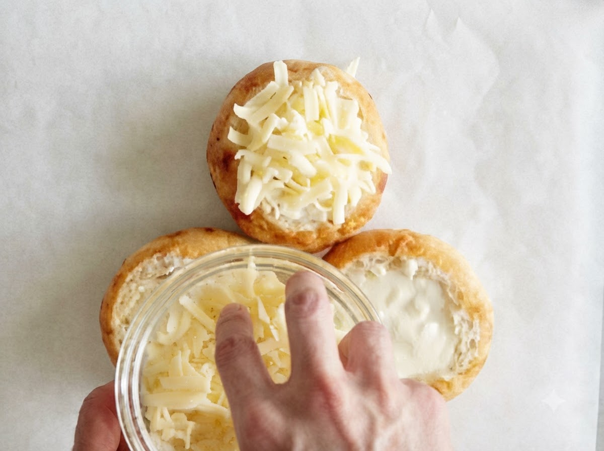 Shredded cheese being sprinkled by hand from a glass bowl onto soup-filled bread bowls.