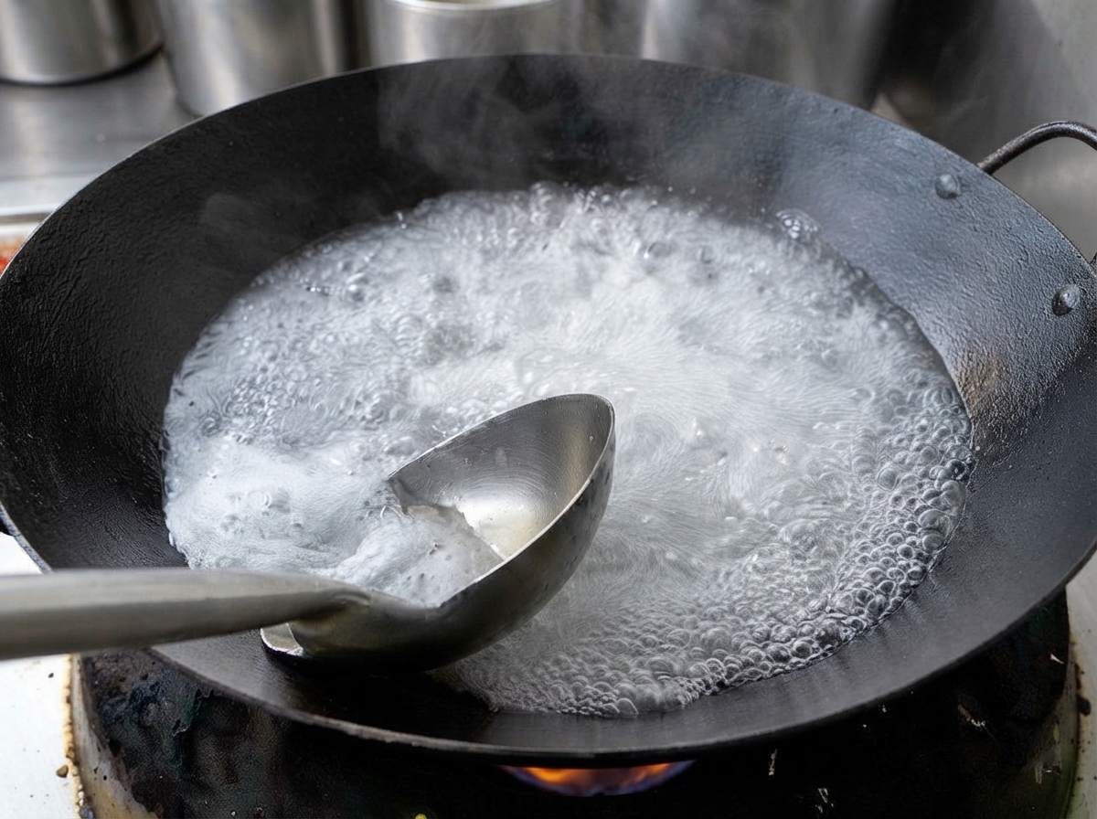 A metal ladle skimming white foam from the surface of a pot of boiling soup.