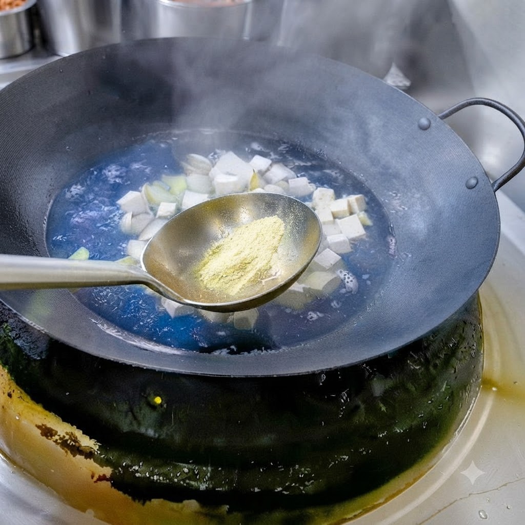 A spoonful of salt and white pepper powder being added into a pot of bubbling soup.