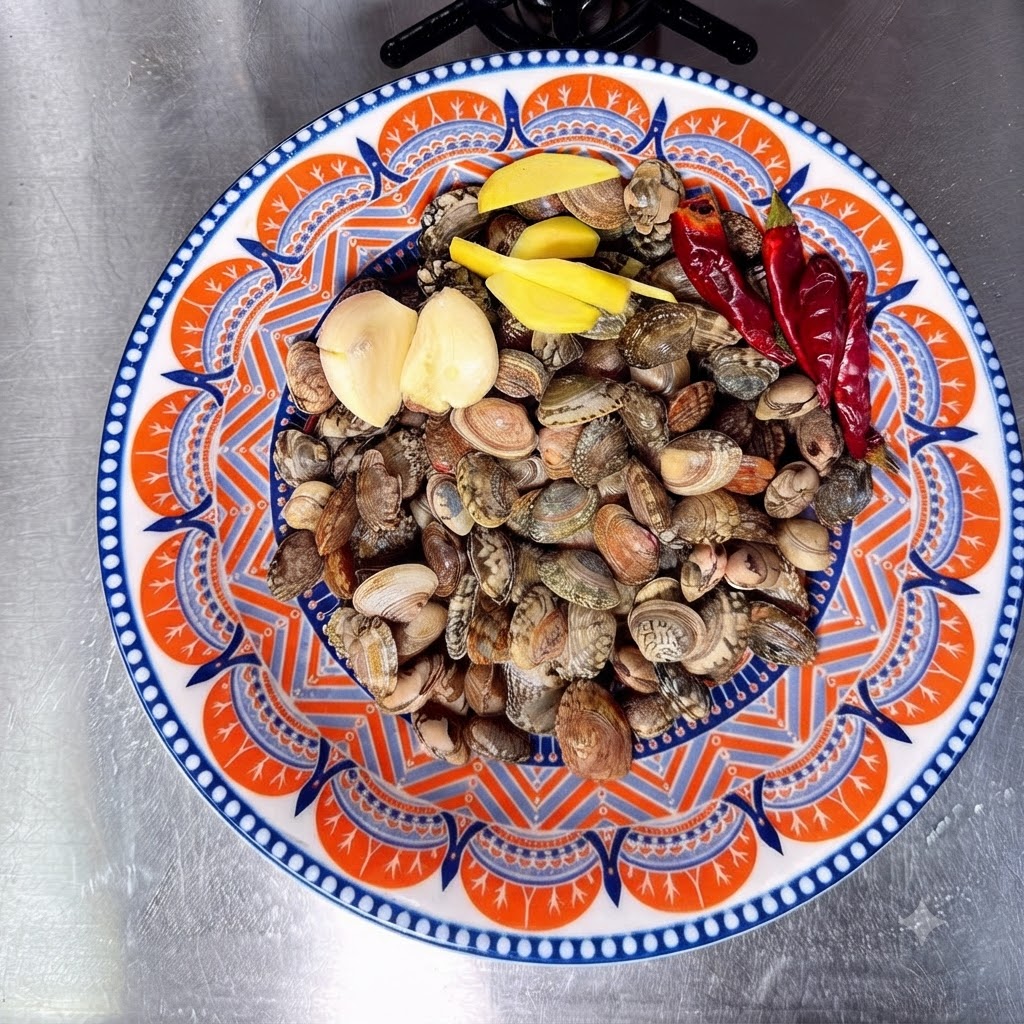 Cleaned clams, ginger slices, garlic cloves, and whole dried chilies arranged on a brightly colored patterned plate.
