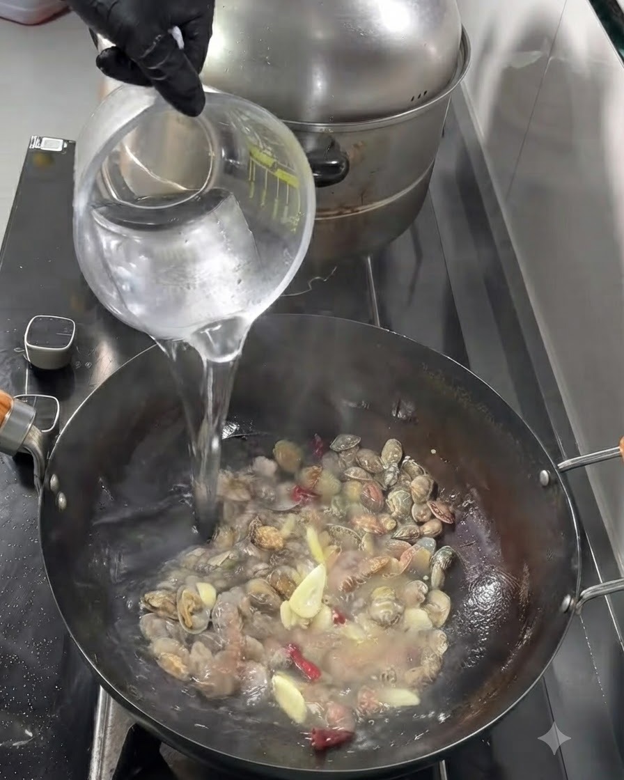 Hot water pouring from a measuring cup into the wok with stir-fried ingredients.
