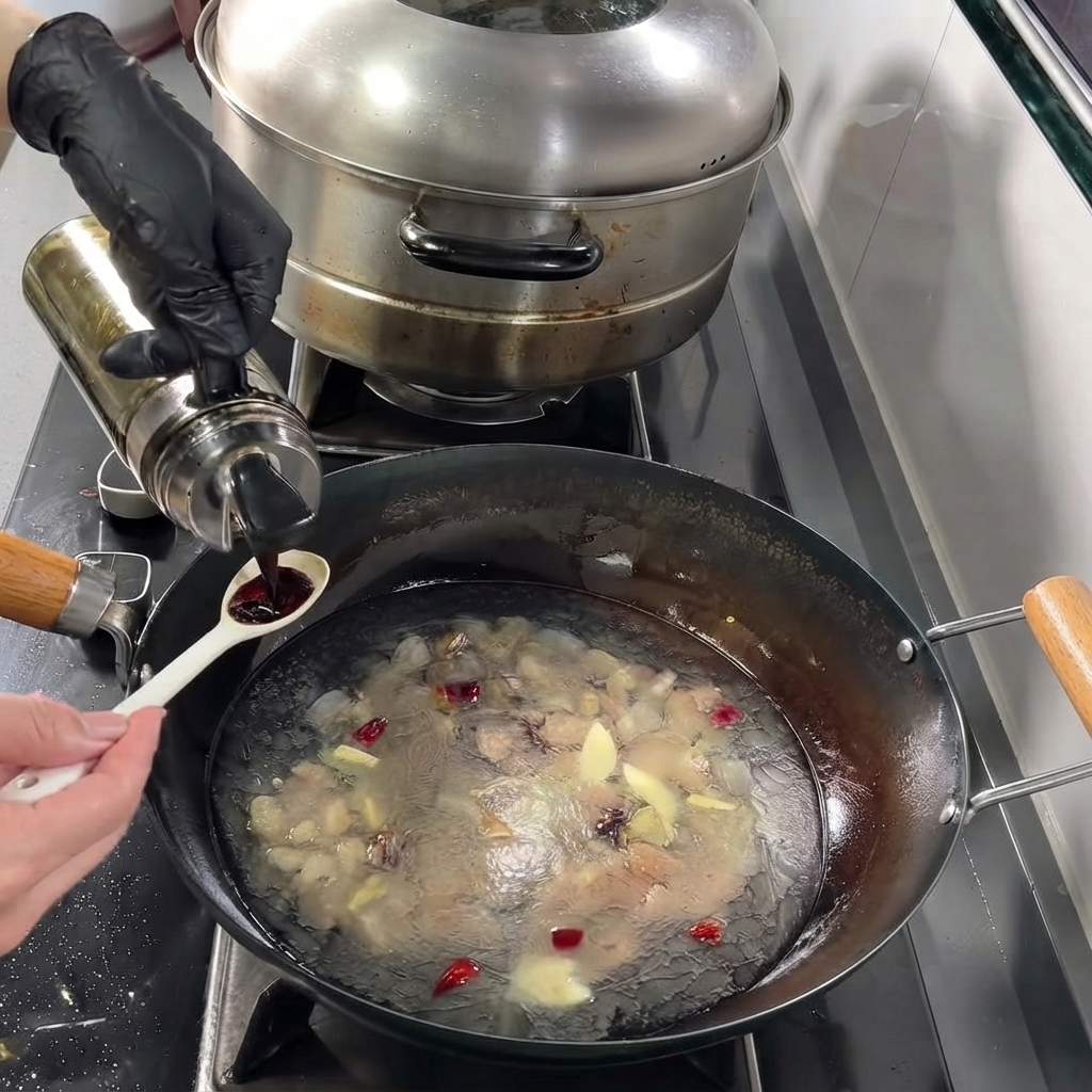 Soy sauce being measured with a spoon and added to the boiling broth in the wok.