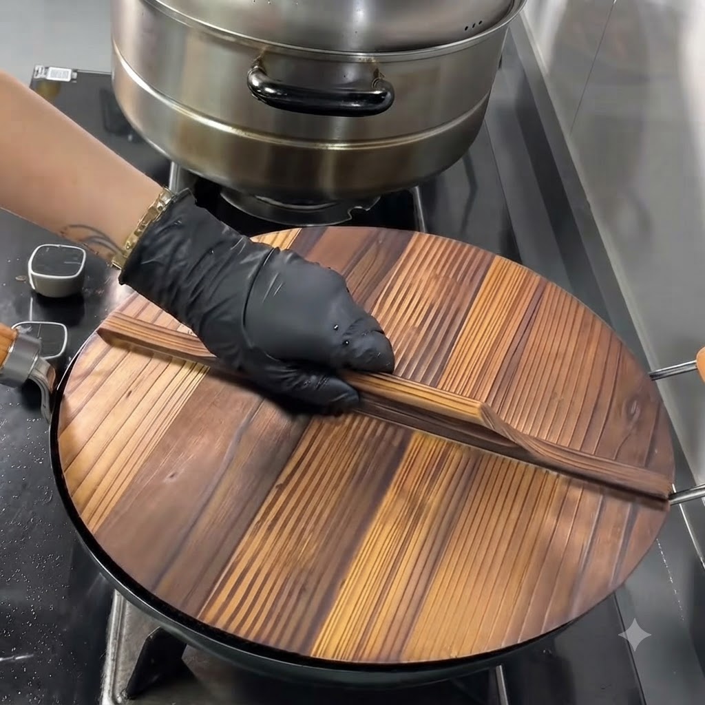 A wooden lid being placed onto the wok to cover the boiling soup.