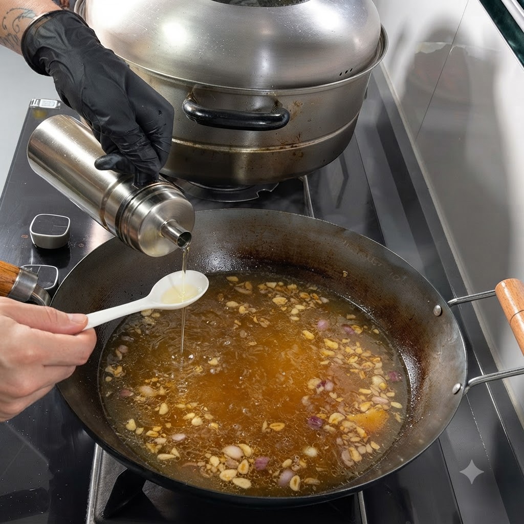 Soy sauce being poured into a spoon held over a wok filled with simmering soup and aromatics.