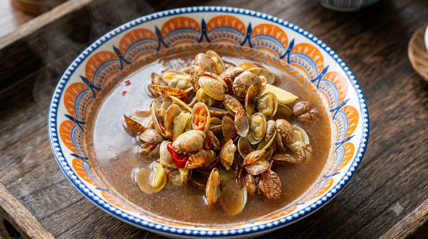 A warm bowl of soy sauce clam soup garnished with fresh chilies and ginger in a patterned bowl.