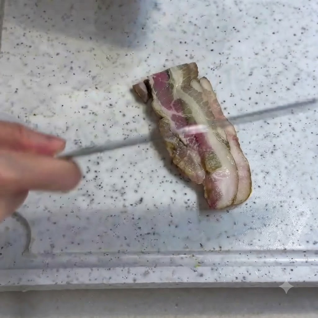 A piece of bacon being sliced on a white cutting board.