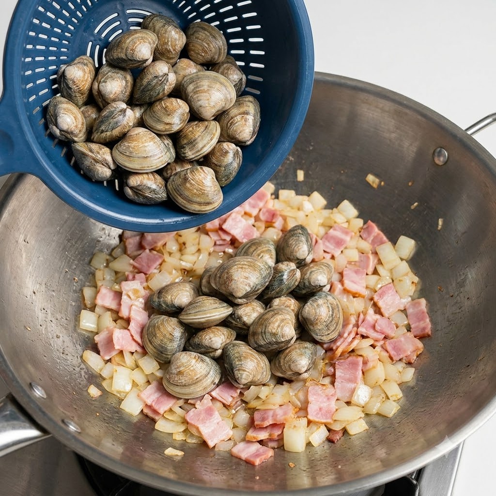 Raw clams being added into the wok containing the sautéed bacon and onions.