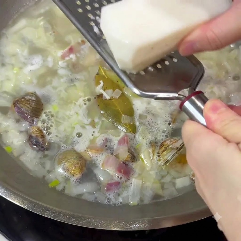 Fresh yam being grated with a metal grater straight into a bubbling broth containing clams and onions.