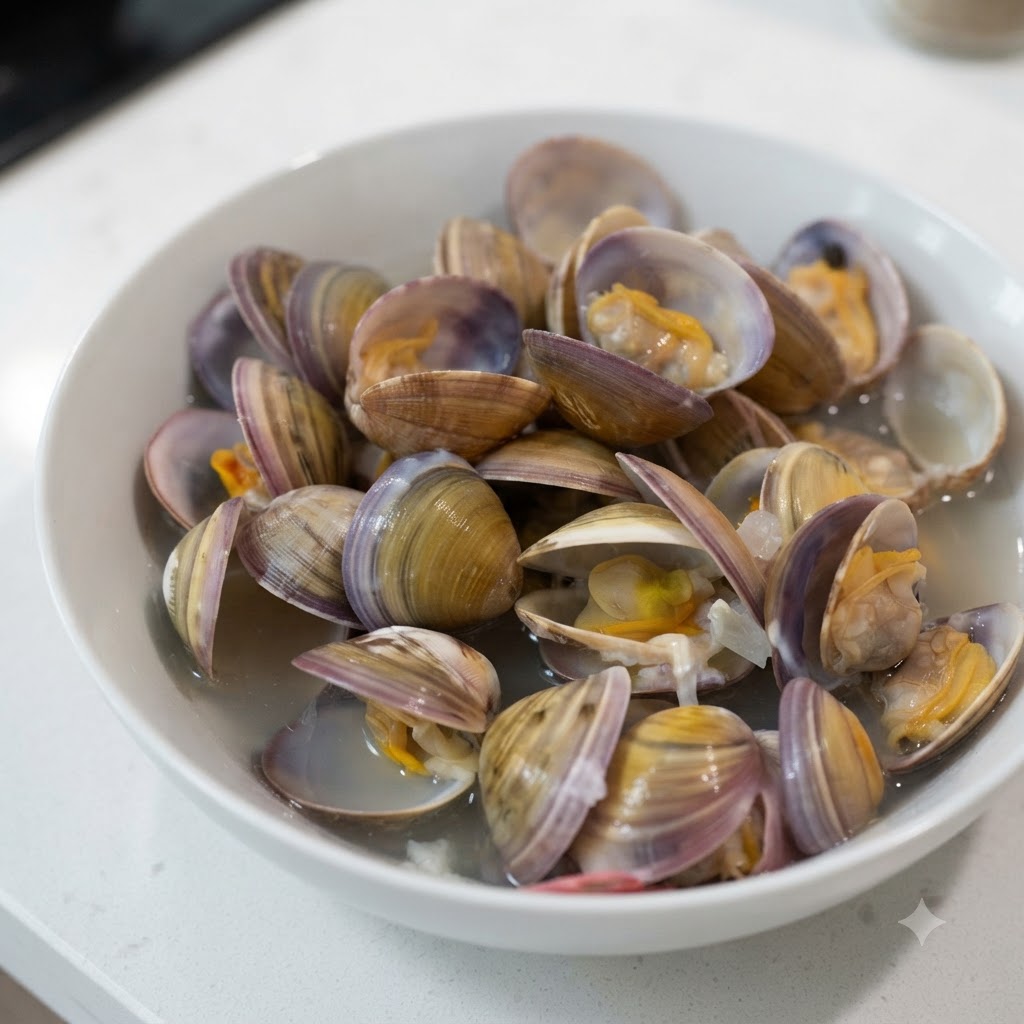 A small spoon adding white salt into a white bowl filled with creamy clam soup and open clams.