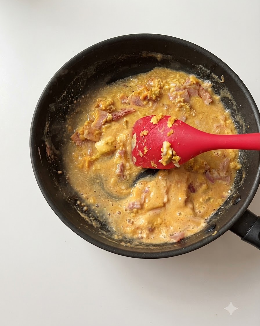 A red silicone spatula stirring a thickening golden salted egg and bacon sauce in a frying pan.
