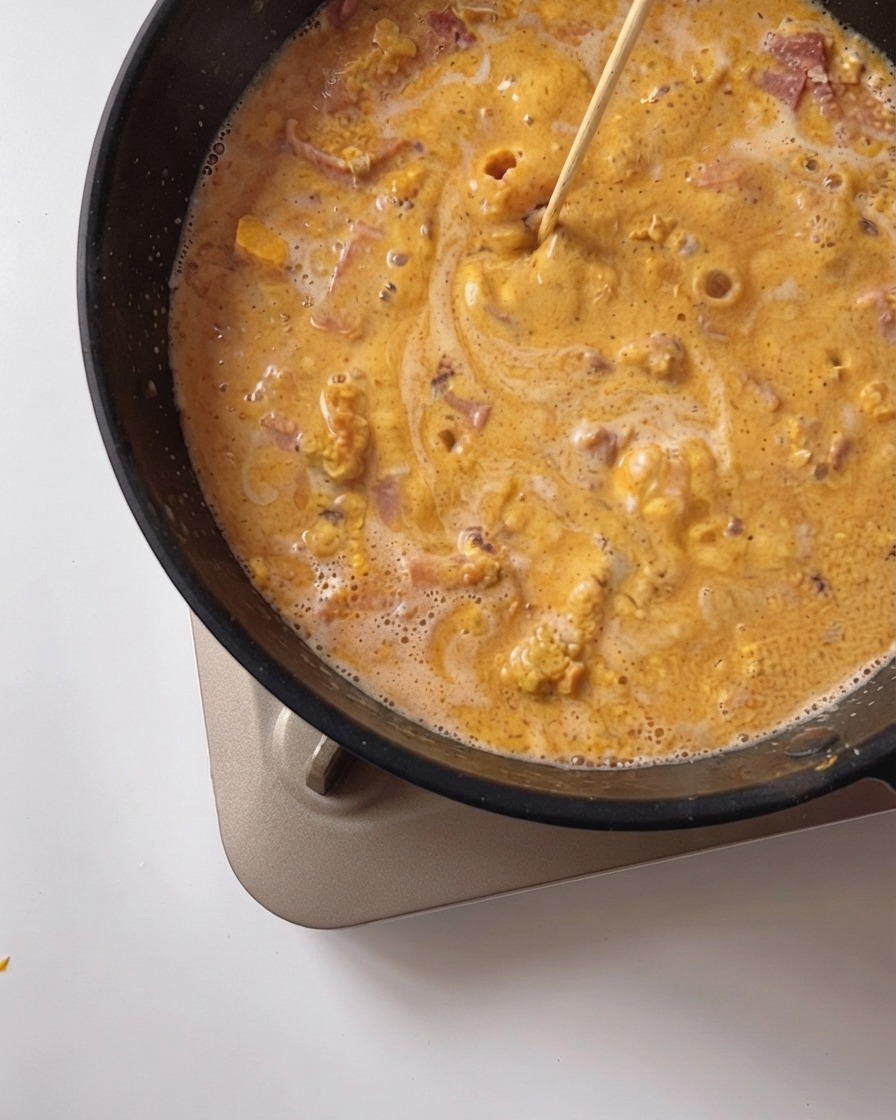 Heavy cream being poured and blended into the simmering sauce in the pan.