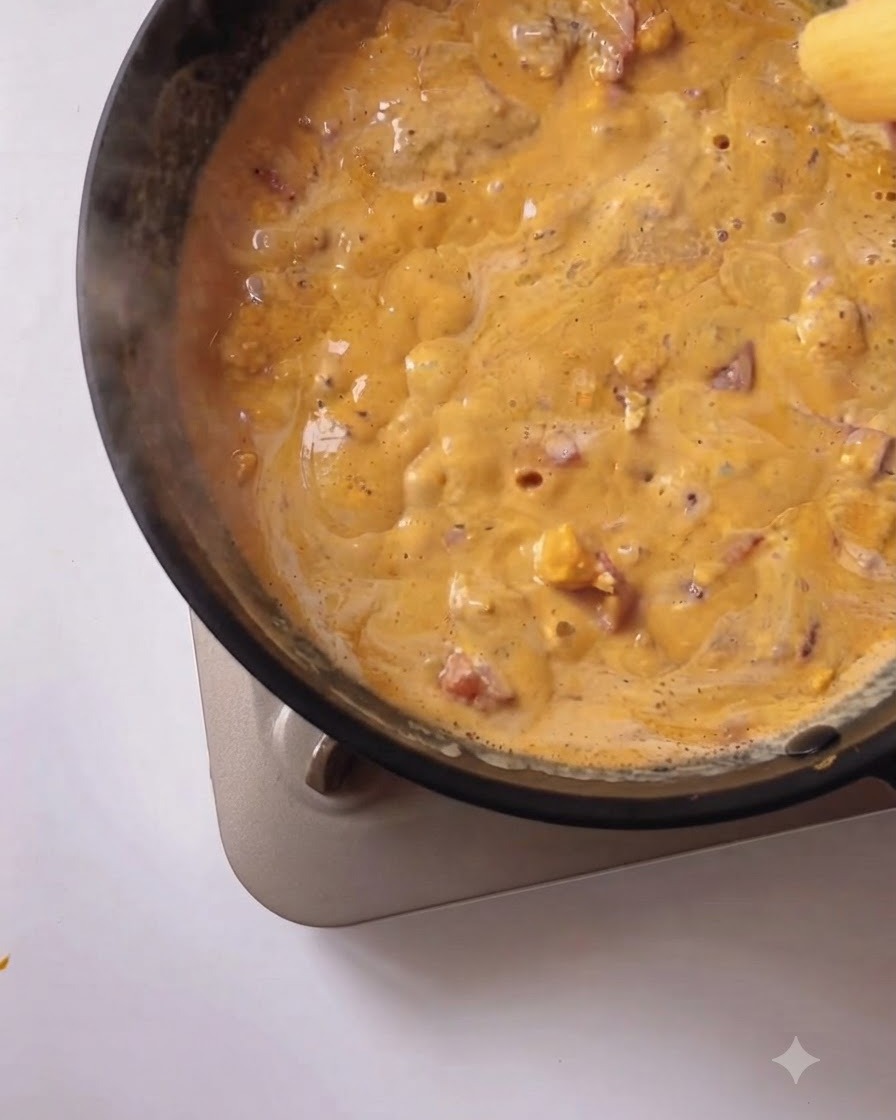 Cooked pasta pieces being dropped into the rich creamy sauce in the pan.