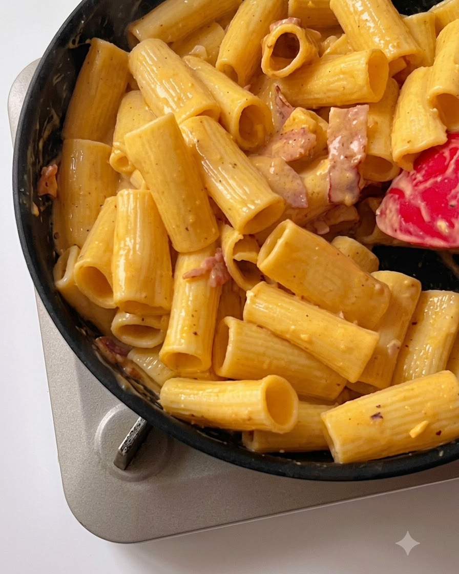 Seasonings being sprinkled across the pasta and sauce mixture in the pan.