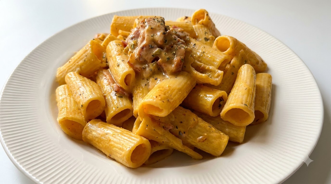 Creamy Salted Egg Yolk Carbonara Rigatoni