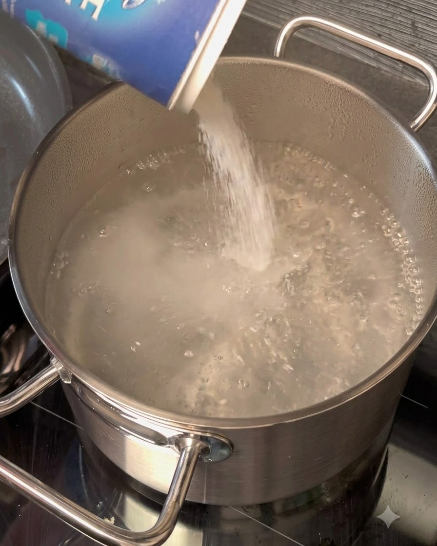 Coarse salt being poured from a blue box into a stainless steel pot of boiling water.
