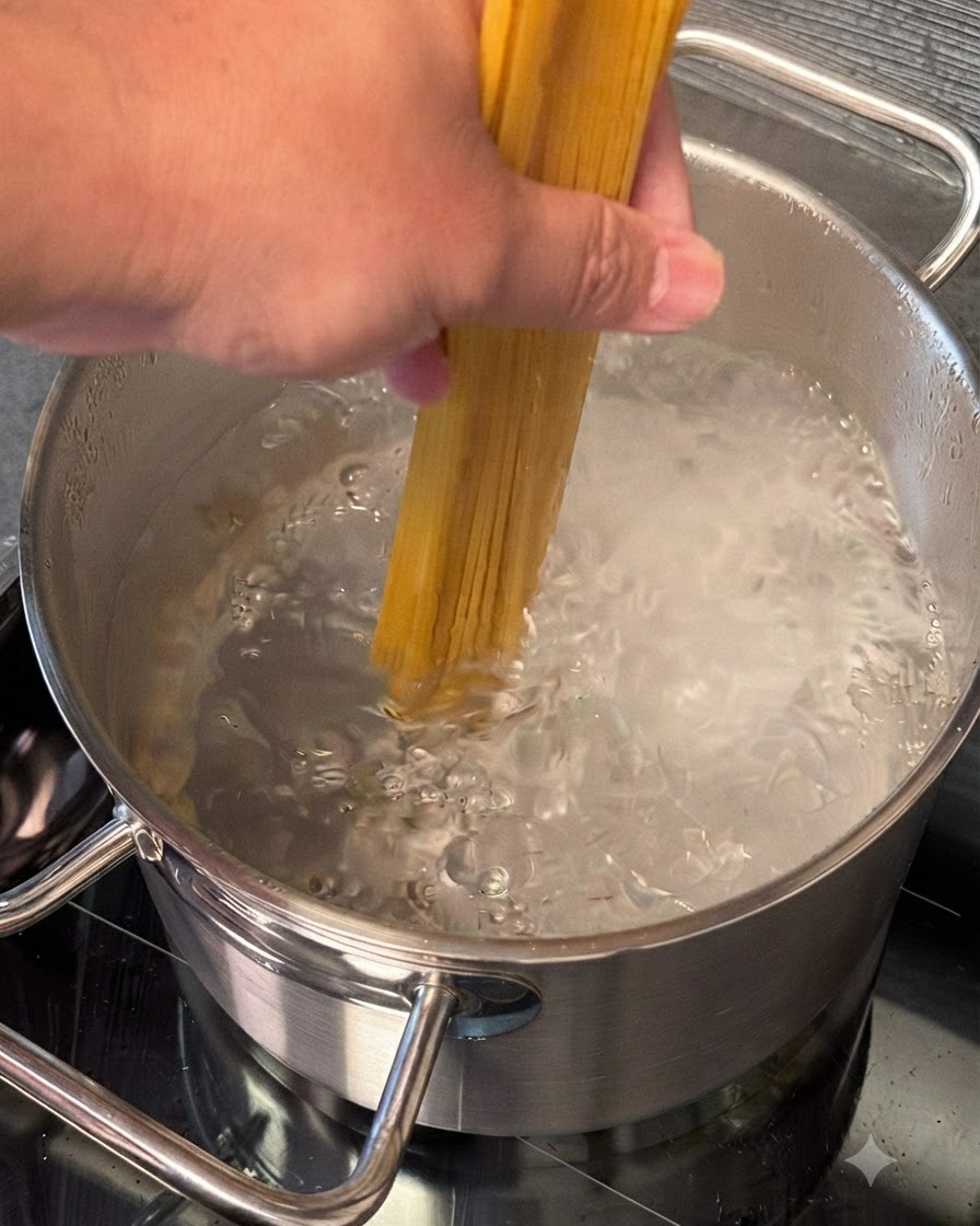 A handful of thick number 7 spaghetti being lowered into a pot of boiling water.