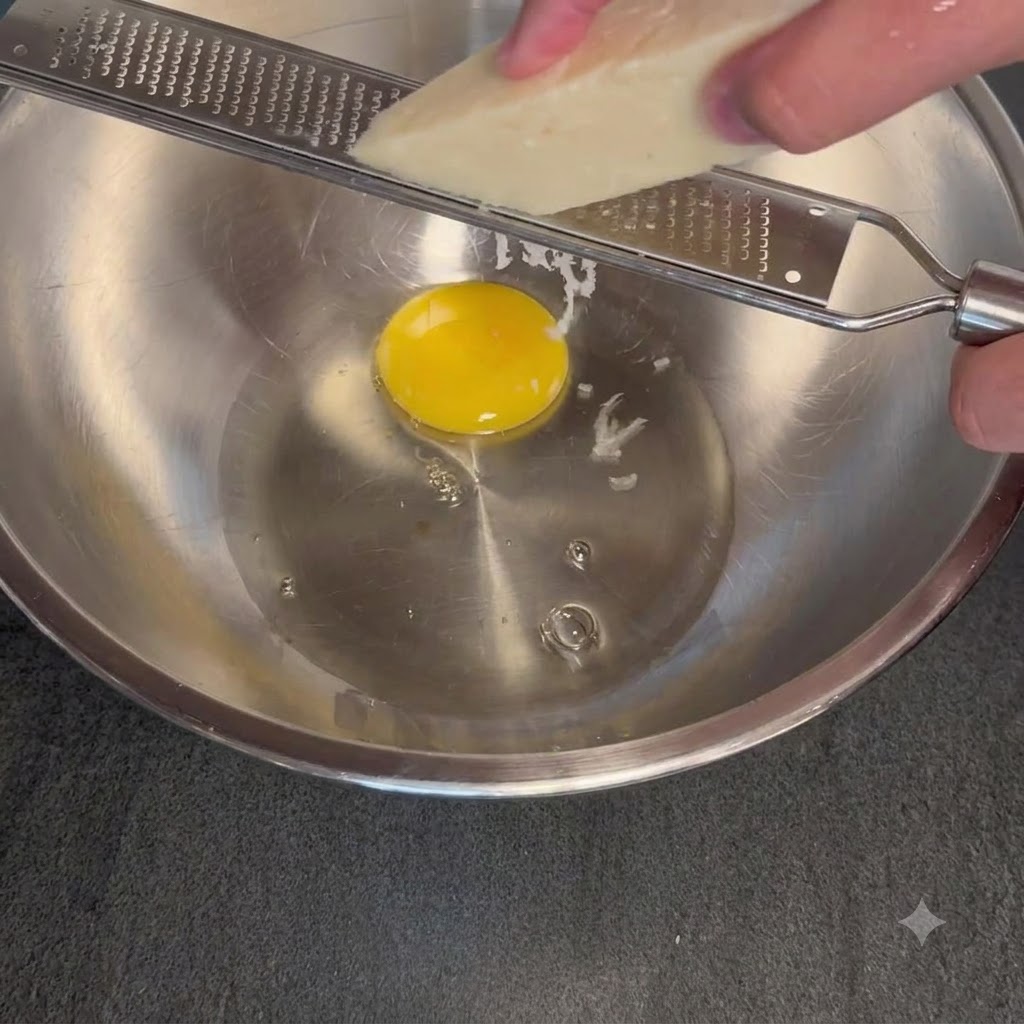 A hand holding a block of cheese against a metal grater over an egg inside a stainless steel bowl.