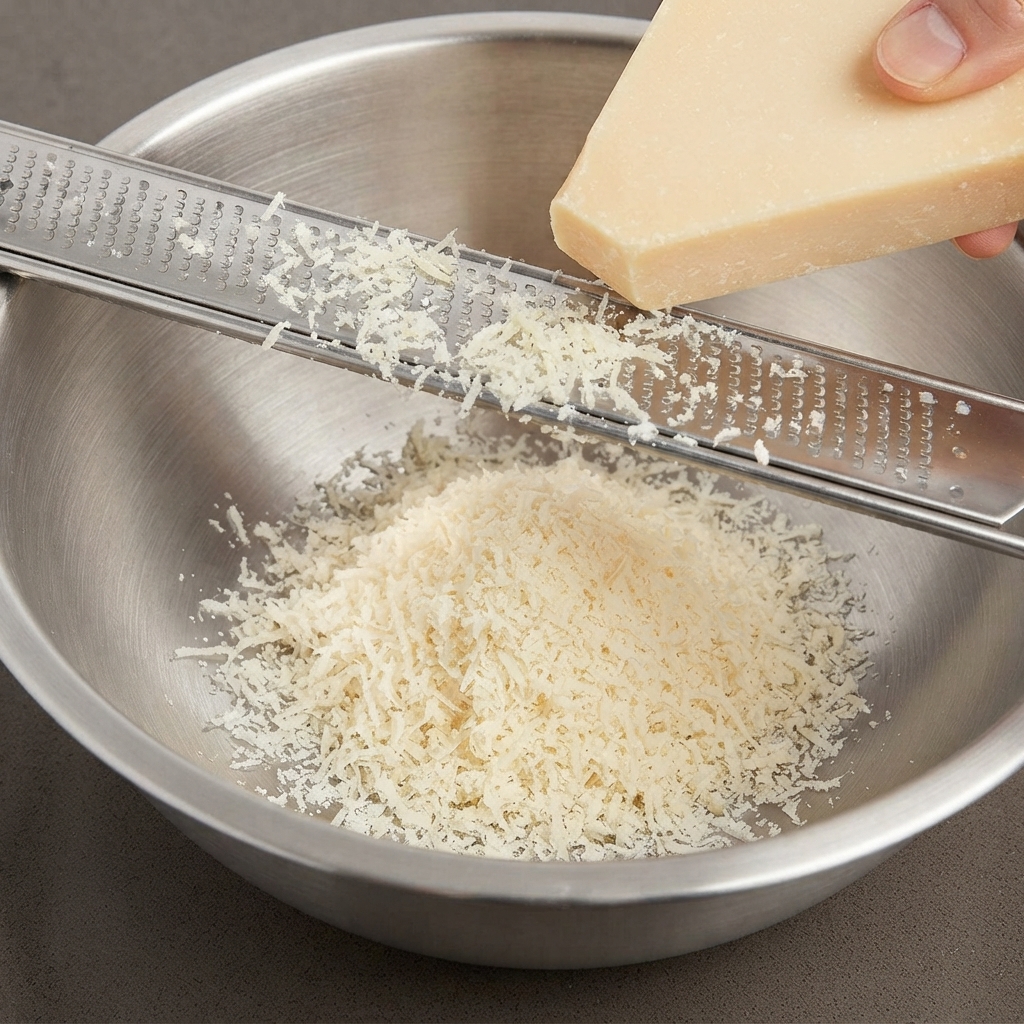 Parmesan cheese being grated with a metal grater over the mixing bowl.