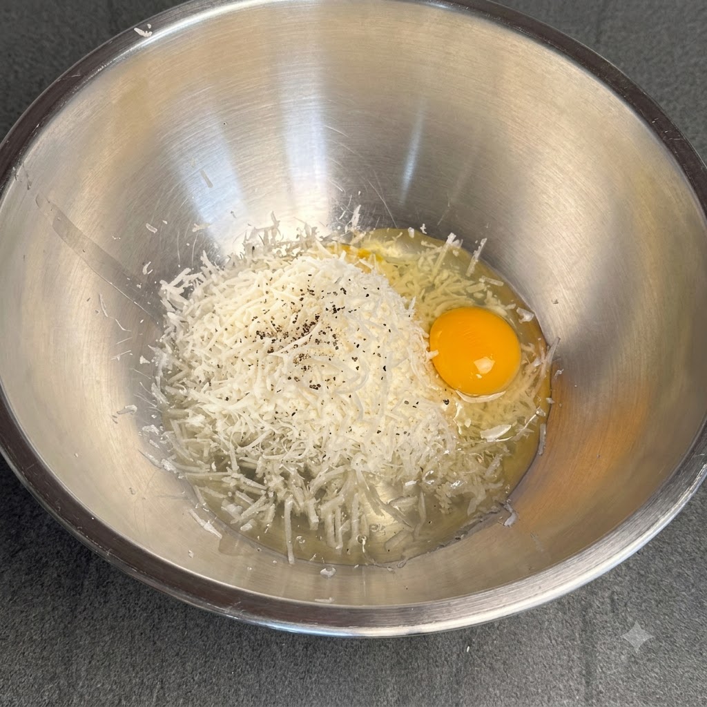 A pinch of black pepper being sprinkled over grated cheese and an egg yolk inside a metal mixing bowl.