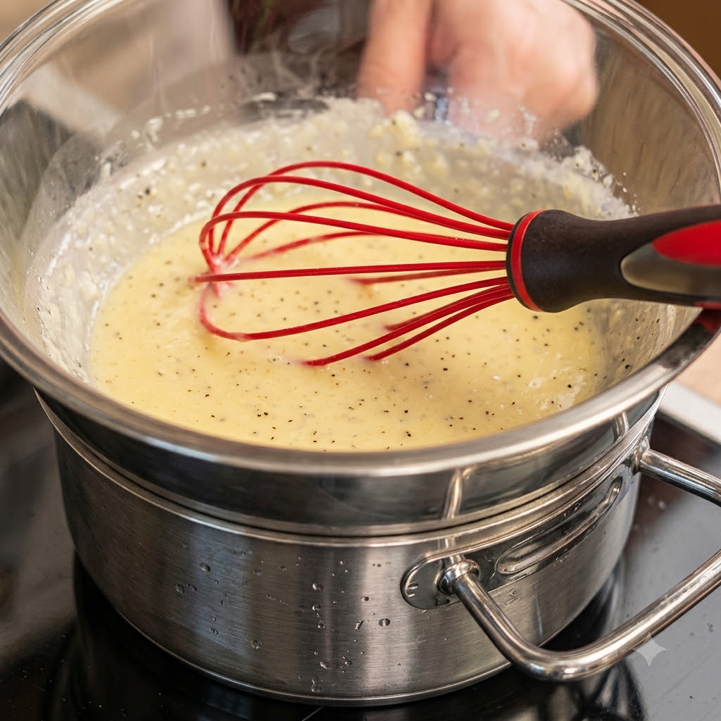 A glass mixing bowl with sauce being warmed over a steaming pot using a red whisk.